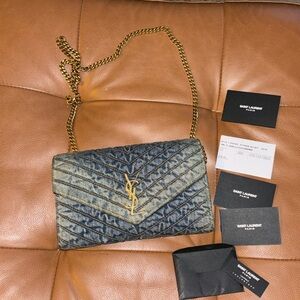 SOLD Saint  Laurent Matelasse Chevron Monogram Blue Jeans Chain Wallet